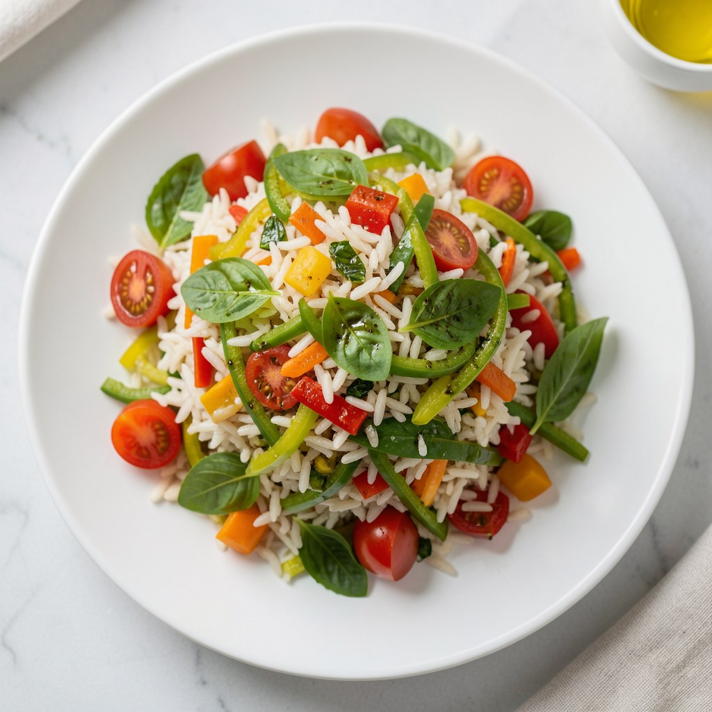 Sałatka z ryżem, porem, papryką i bazylią