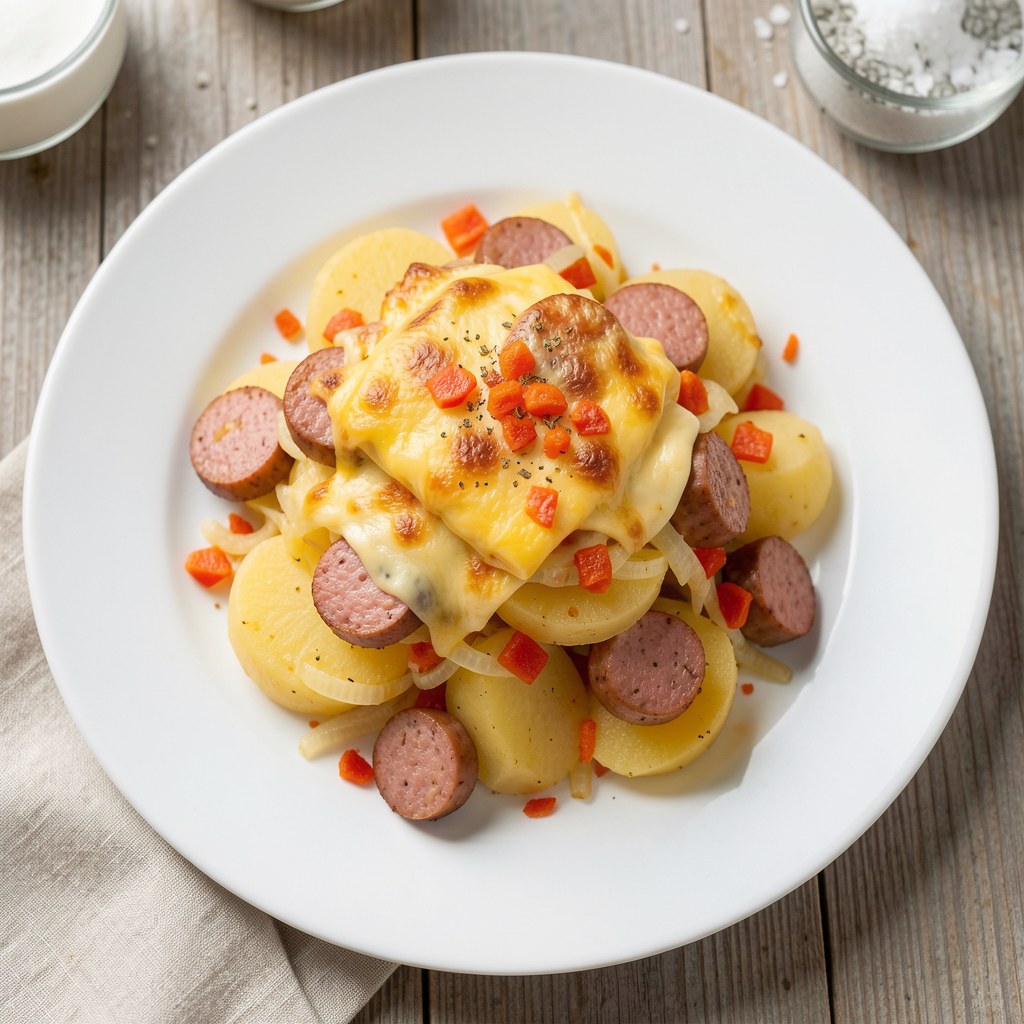 Ziemniaki duszone/zapiekane z kiełbasą i cebulą