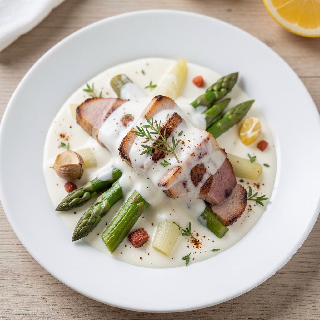 Szparagi z boczkiem w śmietanie