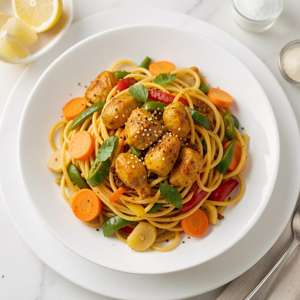 Makaron z warzywami i kurczakiem