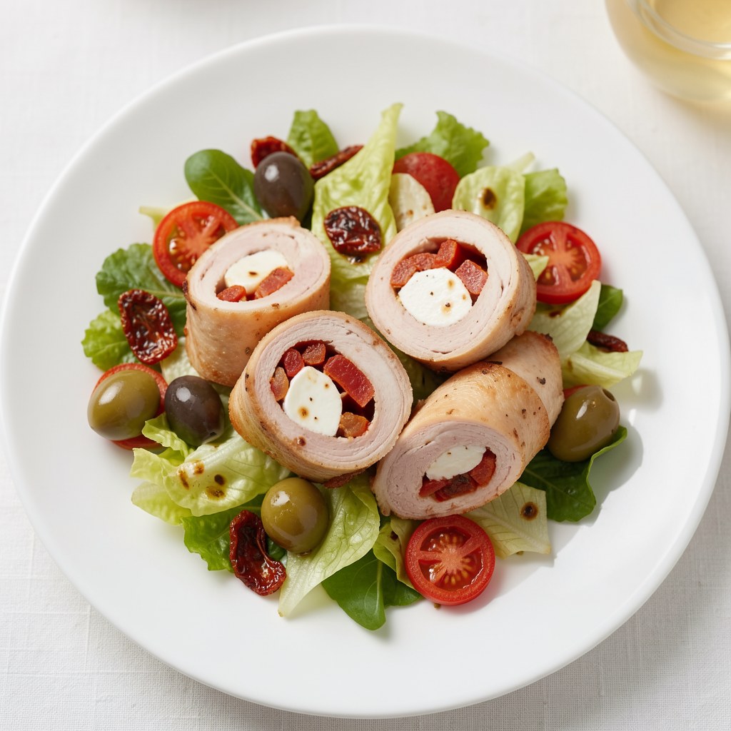 Roladki z kurczaka z suszonymi pomidorami owinięte boczkiem na sałacie lodowej.