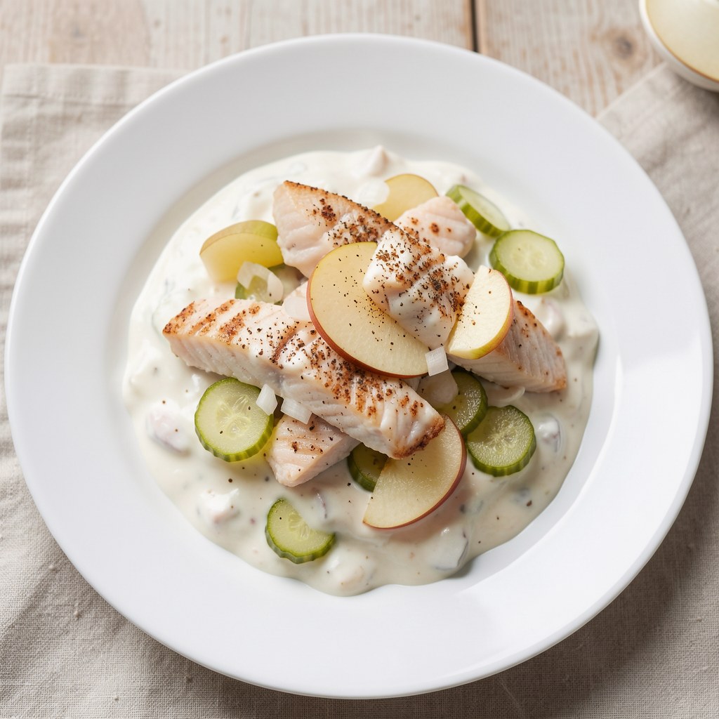 Śledzie w śmietanie z jabłkiem i kiszonym ogórkiem