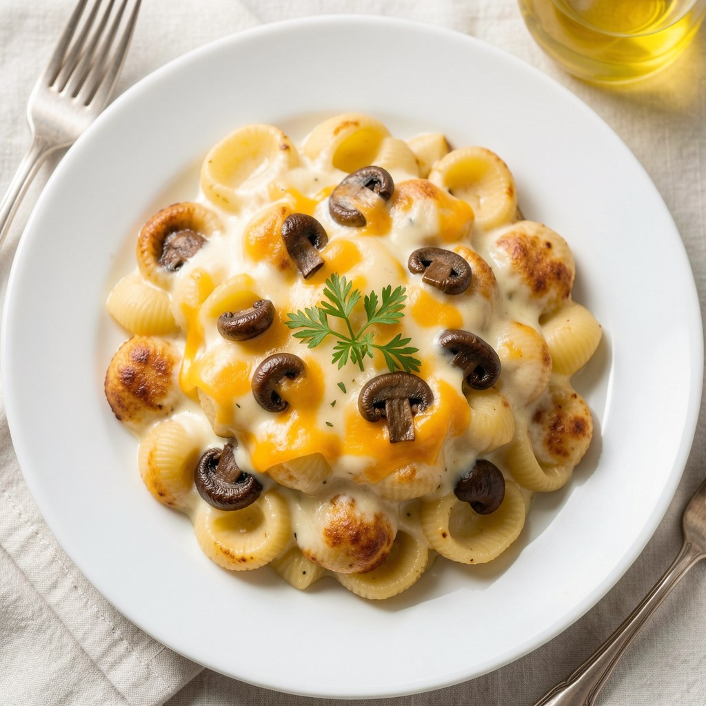 Makaron Conchiglie zapiekany z sosem serowym i pieczarkami