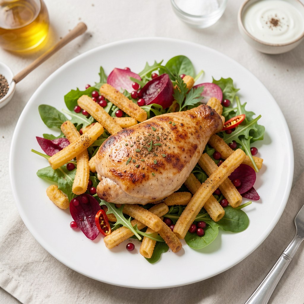 Pierś z kurczaka z sałatką i smażonym makaronem ryżowym