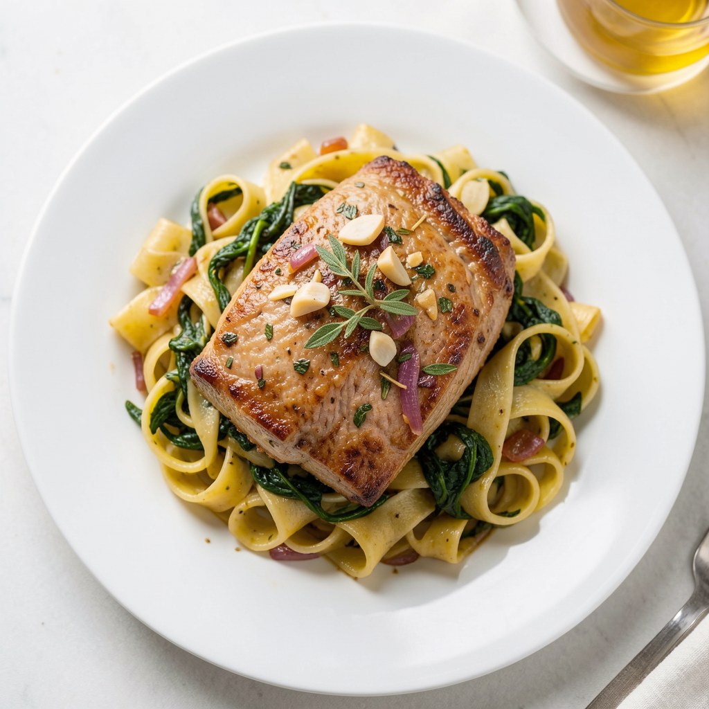 Polędwiczki wieprzowe ze szpinakowym makaronem w sosie musztardowo-miodowym.