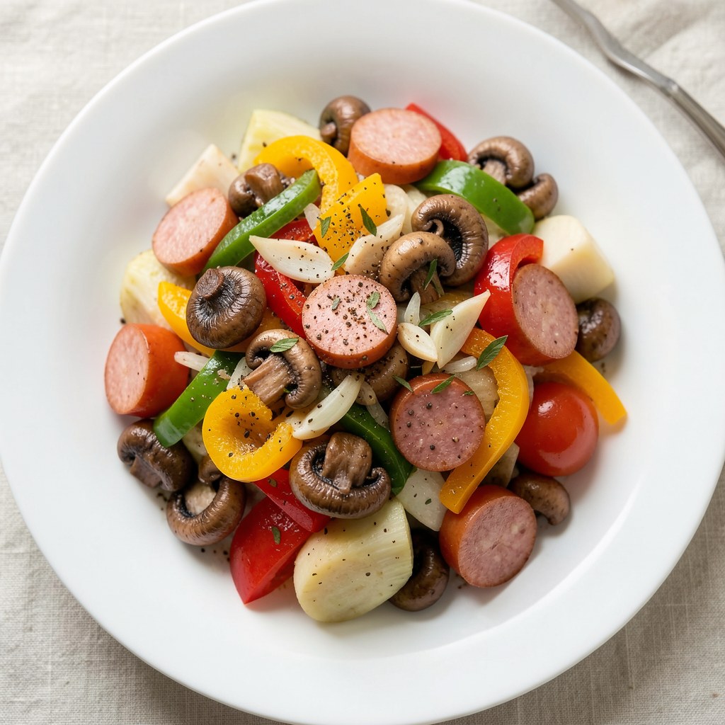 Leczo z kiełbasą, pieczarkami, papryką