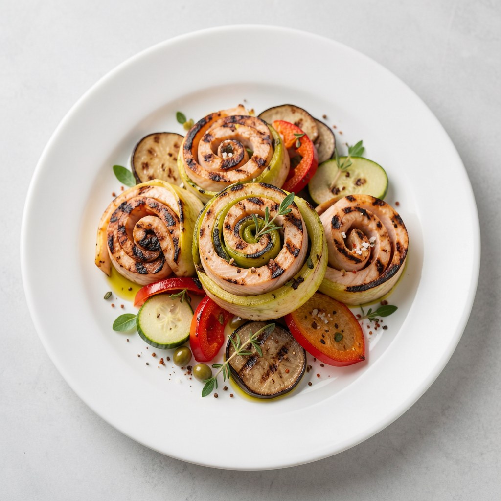 Spirale z łososia norweskiego i grillowanych warzyw