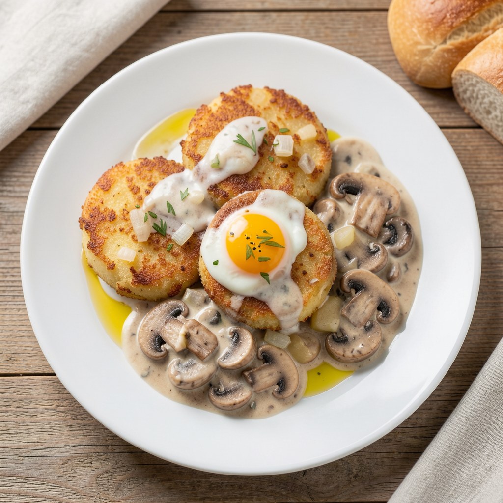 Kotleciki ziemniaczane z sosem pieczarkowym