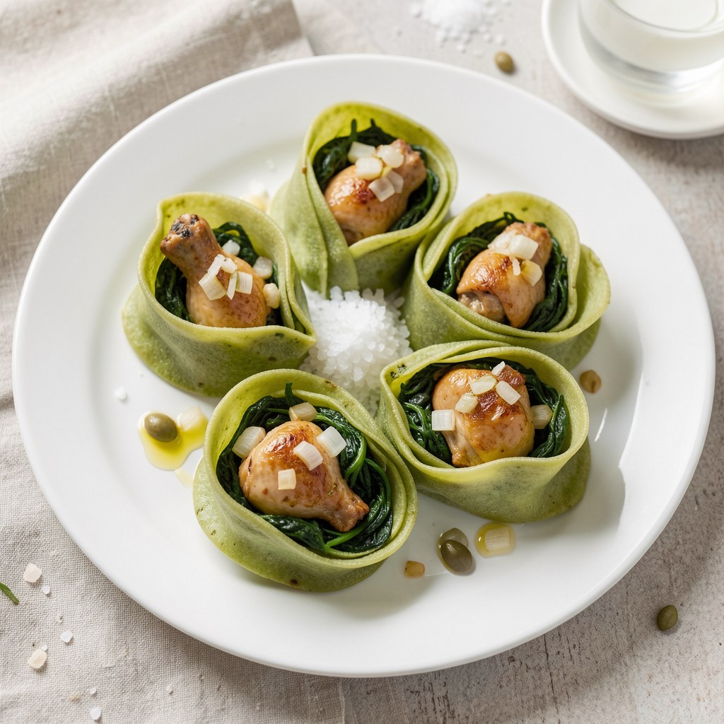 Szpinakowe mieszki z kurkami