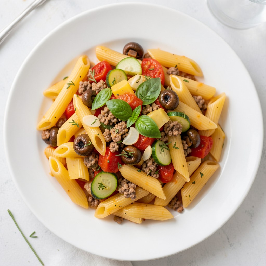 Penne z sosem mięsno-warzywnym.