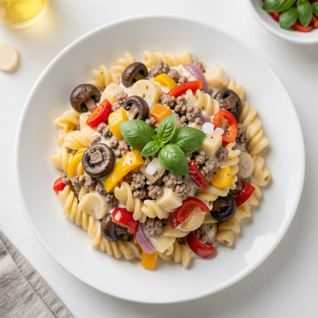 Fusilli serowe z mielonym i warzywami.