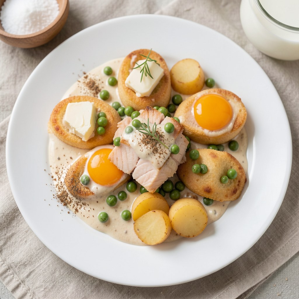 Kopytka z łososiem i groszkiem