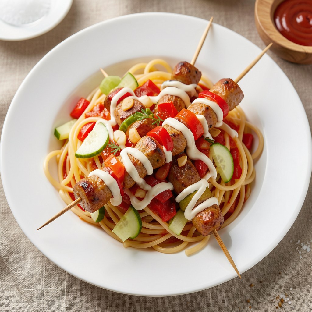 spaghetti all'a szaszłyki z sosem