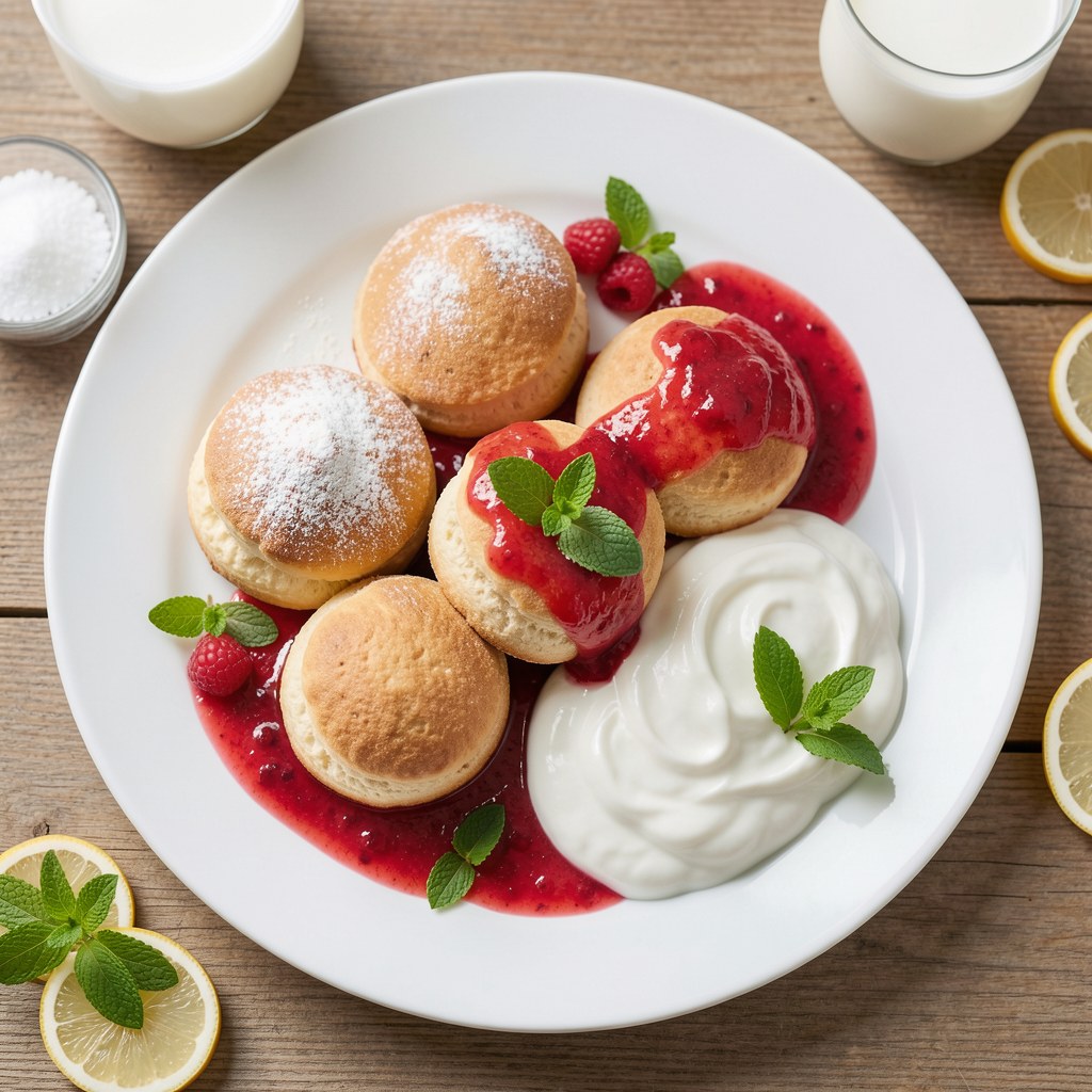 Puszyste racuszki z sosem truskawkowym