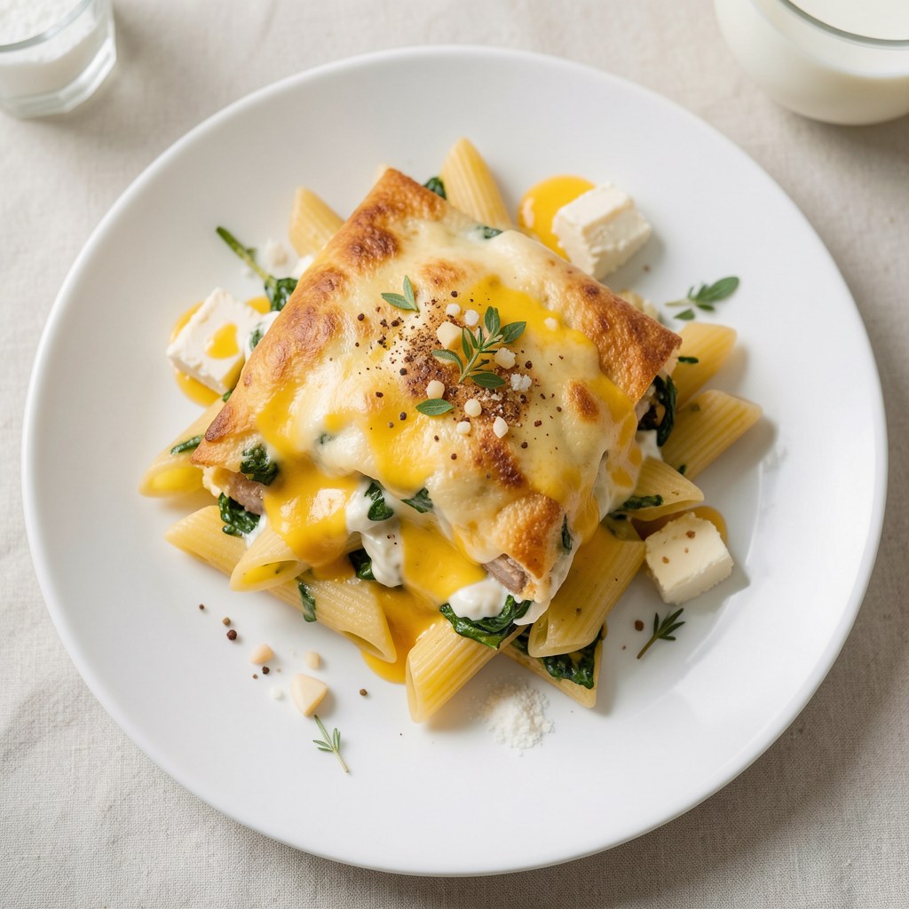 Makaron zapiekany ze szpinakiem pod sosem beszamelowym