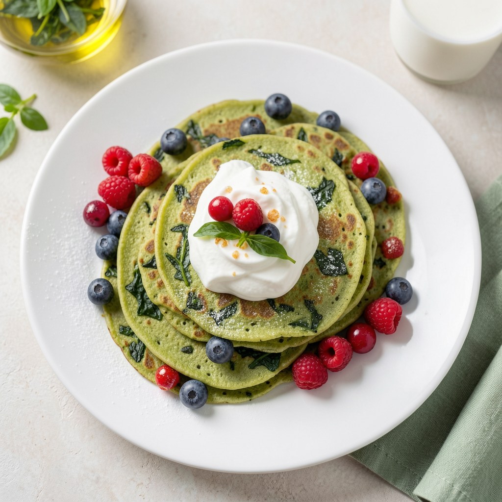 Zielone naleśniki z bitą śmietaną i jagodami