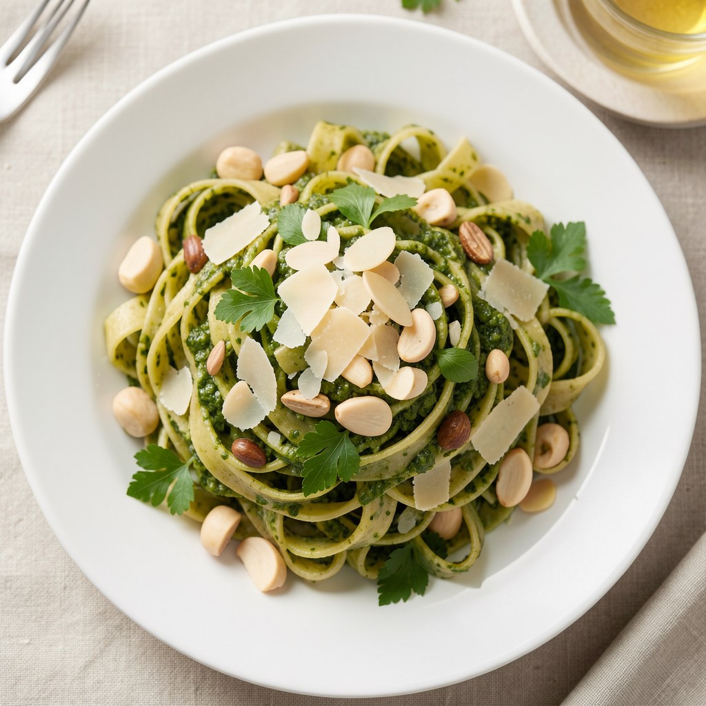 Tagliatelle z sosem z natki, migdałów i orzeszków piniowych