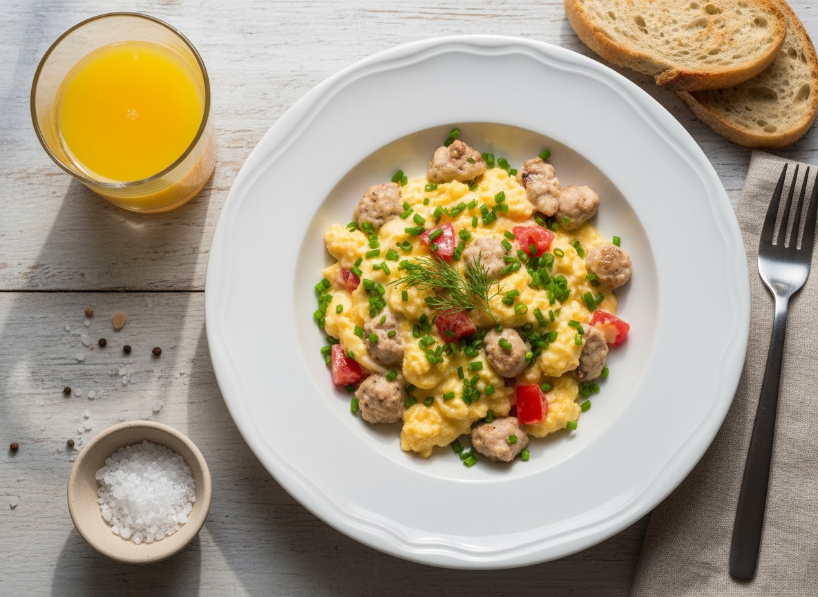 Jajecznica z móżdżkiem cielęcym i świeżo siekanym szczypiorkiem