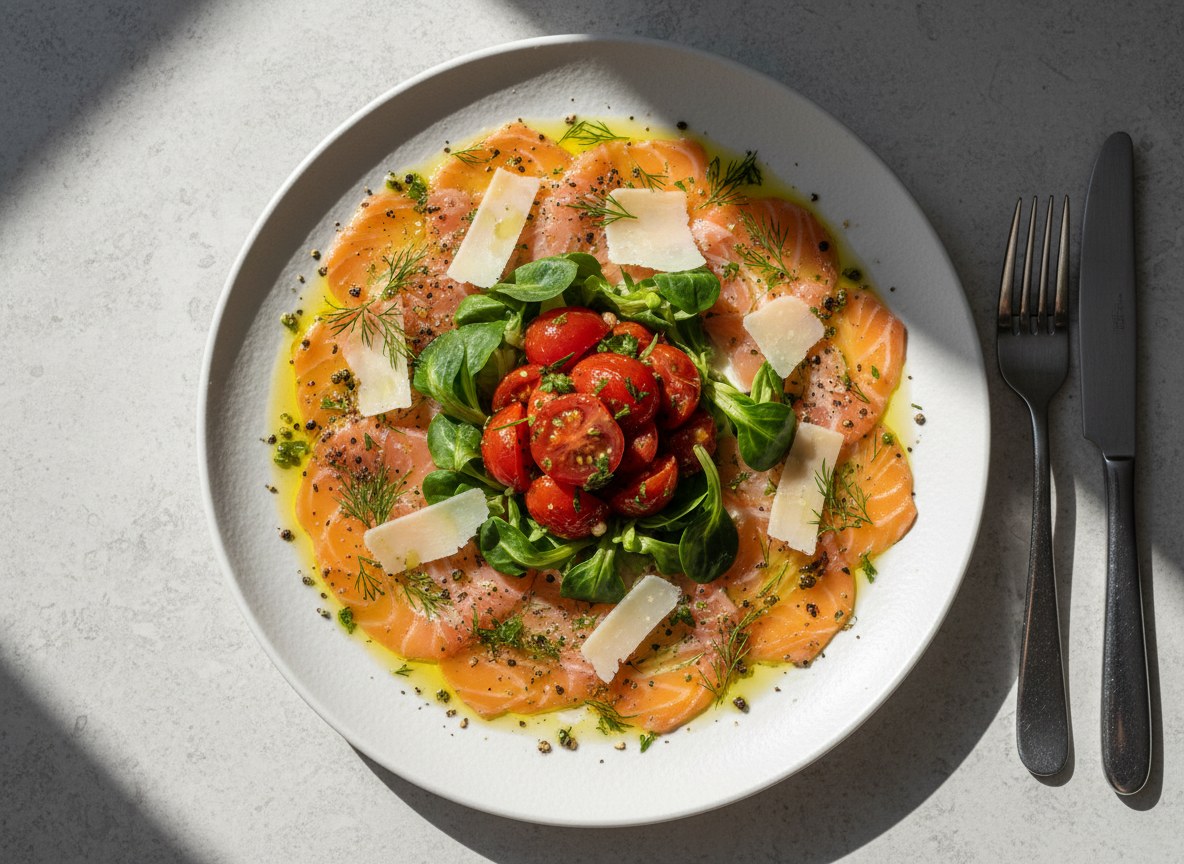 Carpaccio z łososia w grubo mielonym pieprzu i ziołach podane z pomidorami i oliwą z oliwek