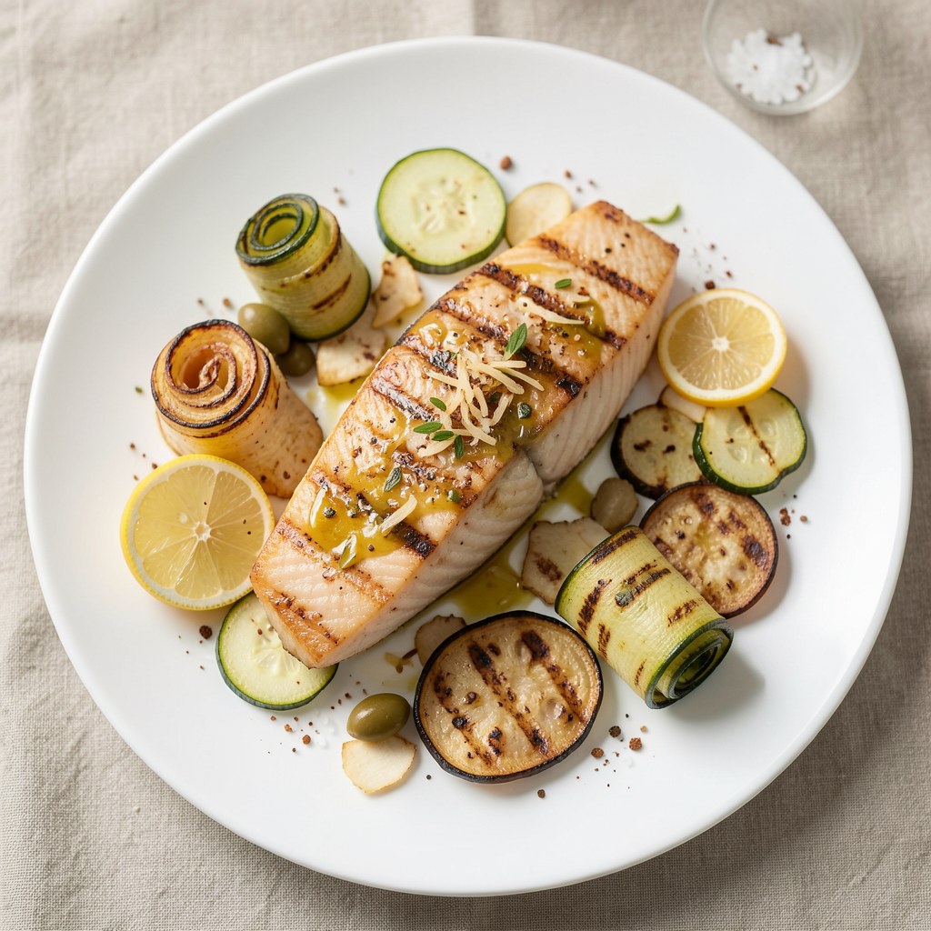 Łosoś norweski aromatyzowany imbirem z rulonikami z cukinii i bakłażana
