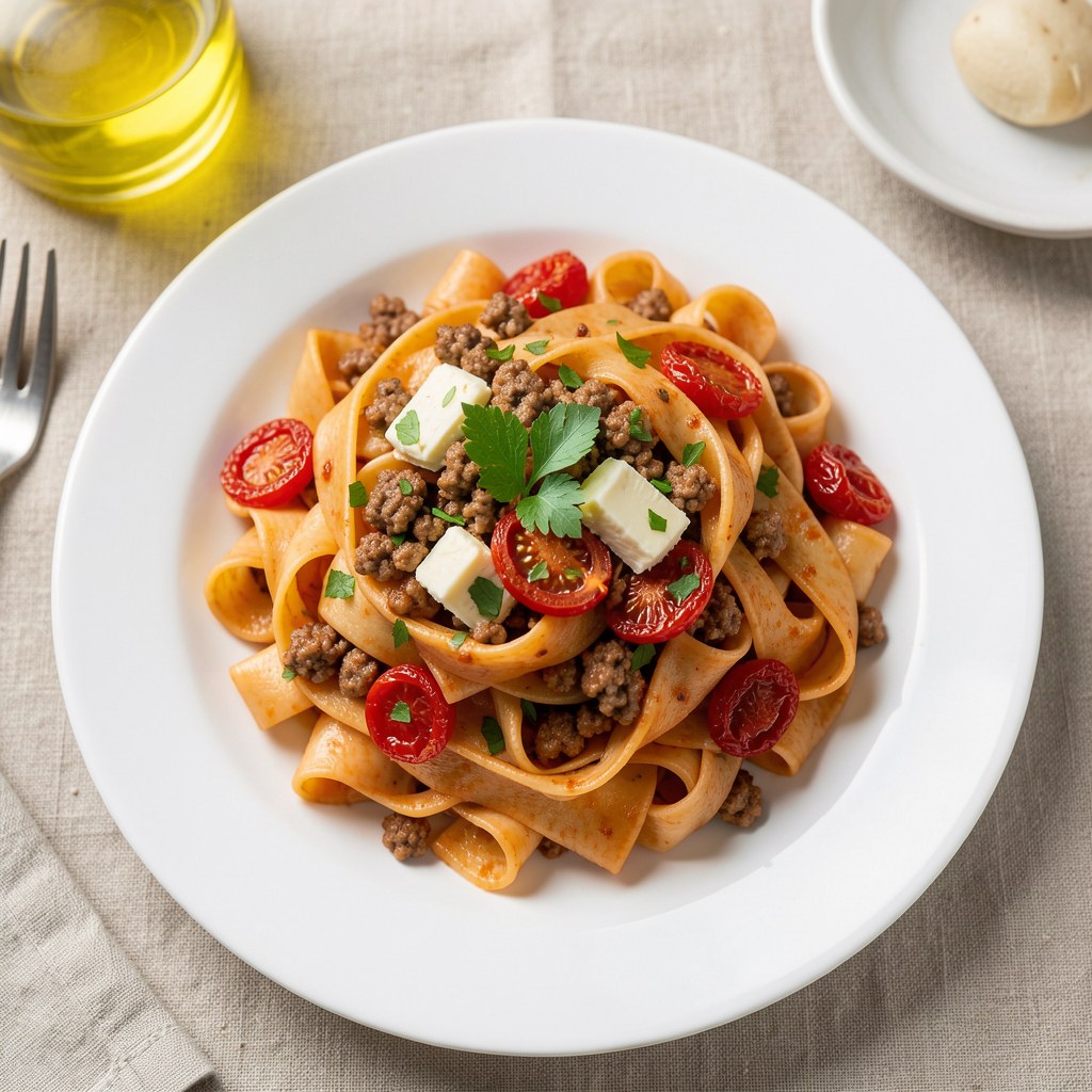 Makaron Tagliatelle zasmażany z pastą mięsną i suszonymi pomidorami