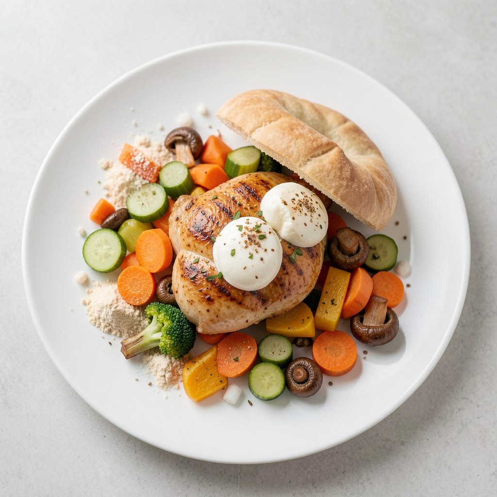 Filet z pieczonymi warzywami i chlebkiem pita