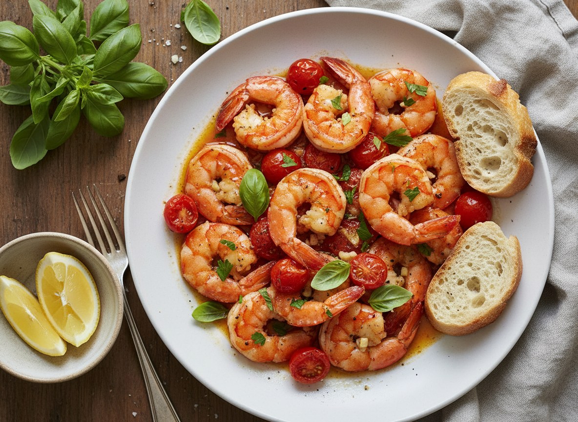 Krewetki królewskie z patelni z pomidorami i ziołami