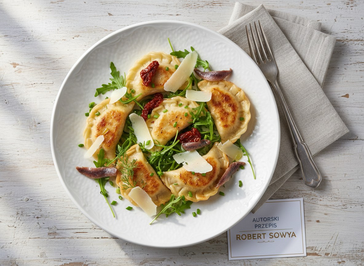 Pierogi z łososiem norweskim i suszonymi pomidorami podane z rukolą i płatkami parmezanu