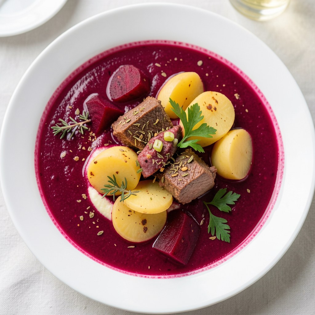 barszcz czerwony zabielany z ziemniakami z okrasą