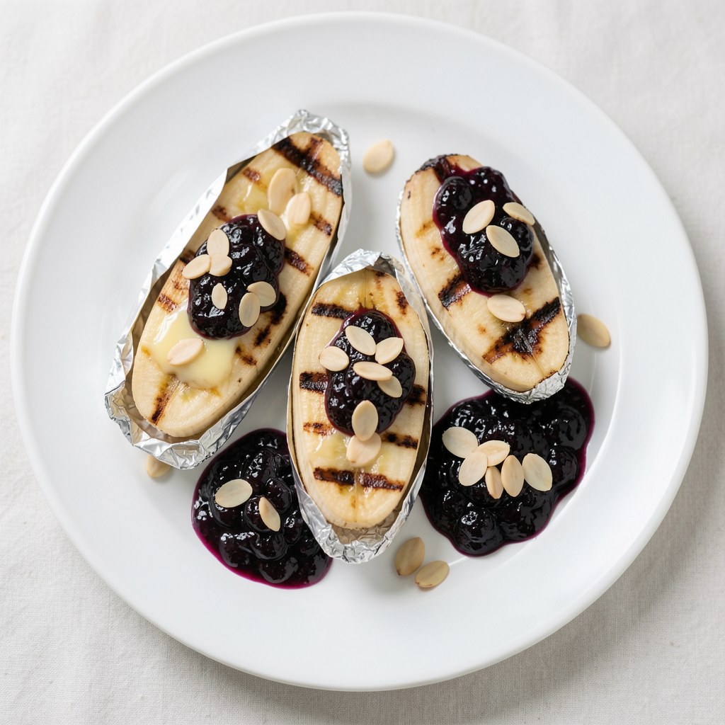 Banany z grilla z dżemem z czarnych porzeczek i migdałami