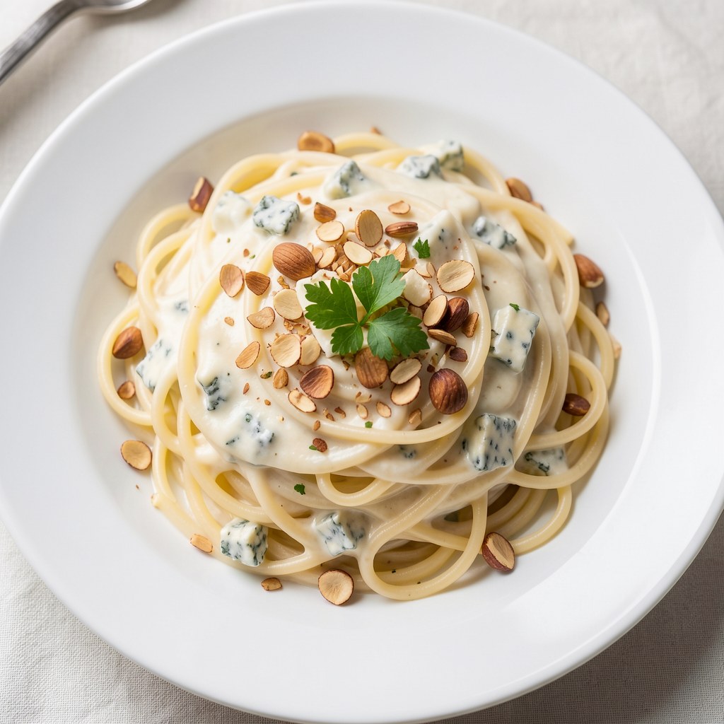 Spaghetti carbonara z posiekanych orzechów i gorgonzoli
