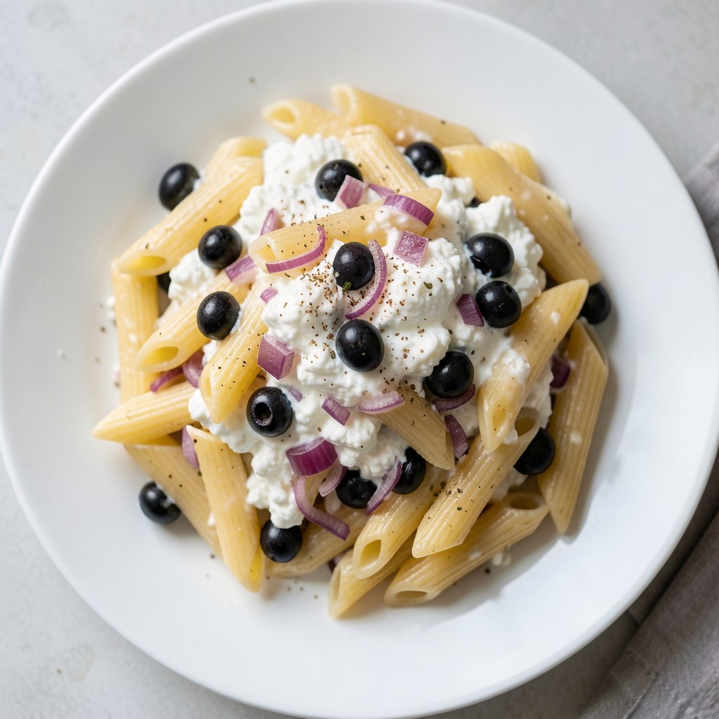 Penne z czarnymi oliwkami i serem ricotta