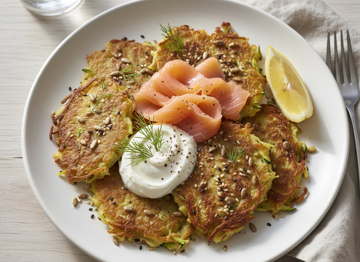 Chrupiące placki ziemniaczane z ziarnami i cukinią podane z wędzonym łososiem norweskim i kwaśną śmietaną