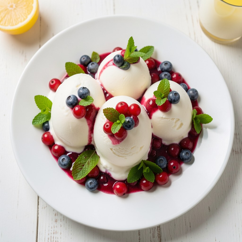 Lody z sosem jagodowym.