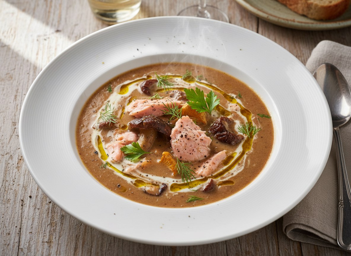 Zupa z grzybów leśnych i łososia norweskiego aromatyzowana oliwą truflową