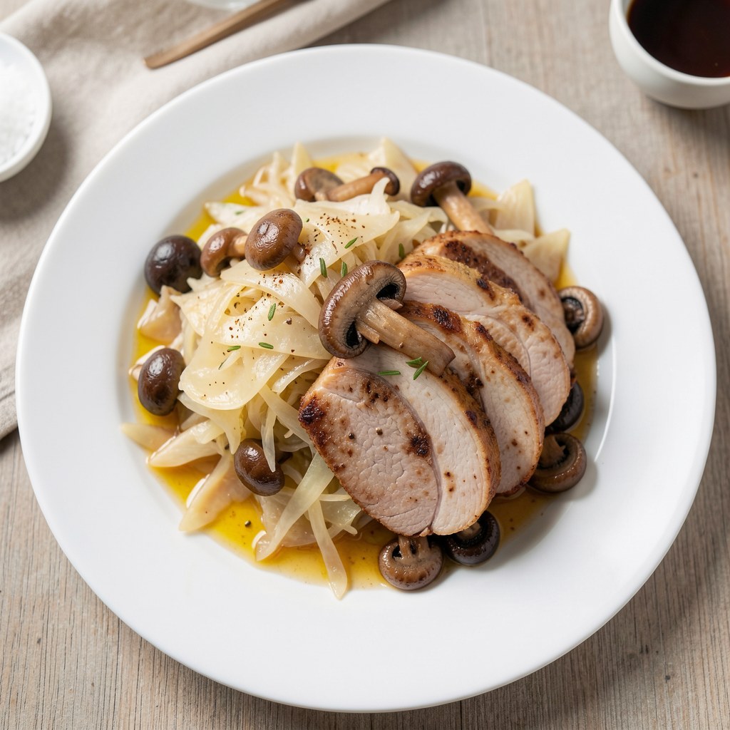 Schab z kapustą pekińską i pieczarkami