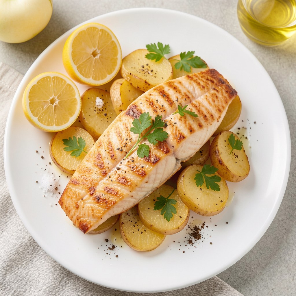 Filety z pstrąga zapiekane z jabłkowymi ziemniakami