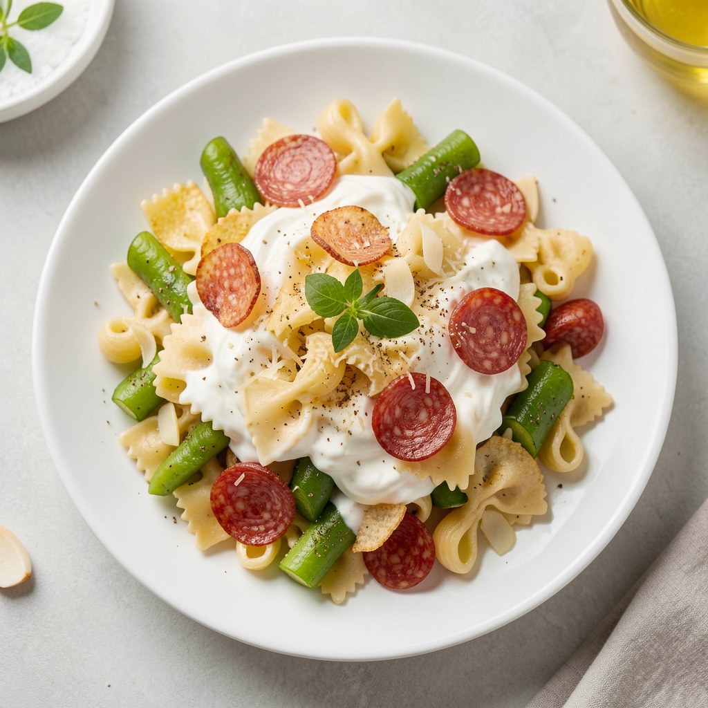 Farfale z grillwaną cukinii i chipsami z salami