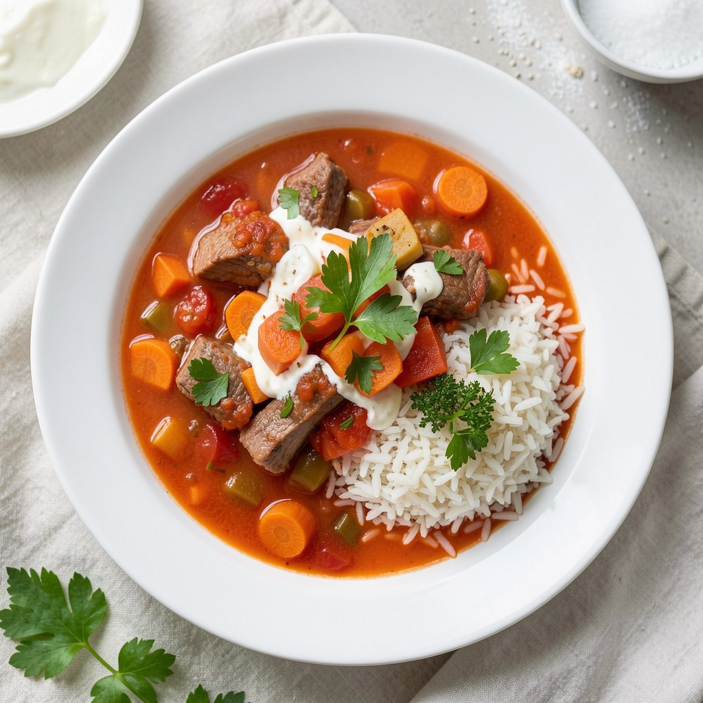 Zupa pomidorowa z ryżem gotowana na żeberkach