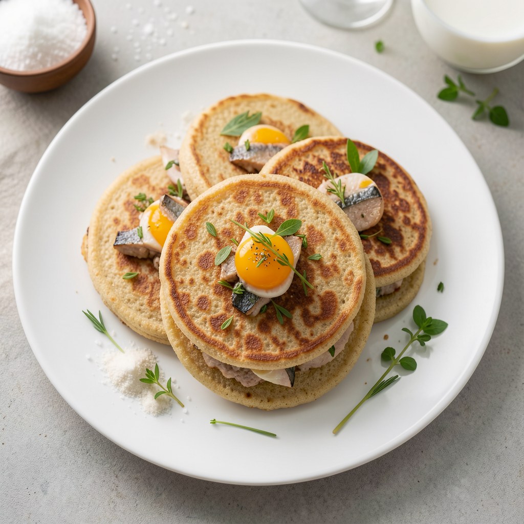 Placki drożdżowo-gryczane nadziewane śledżem