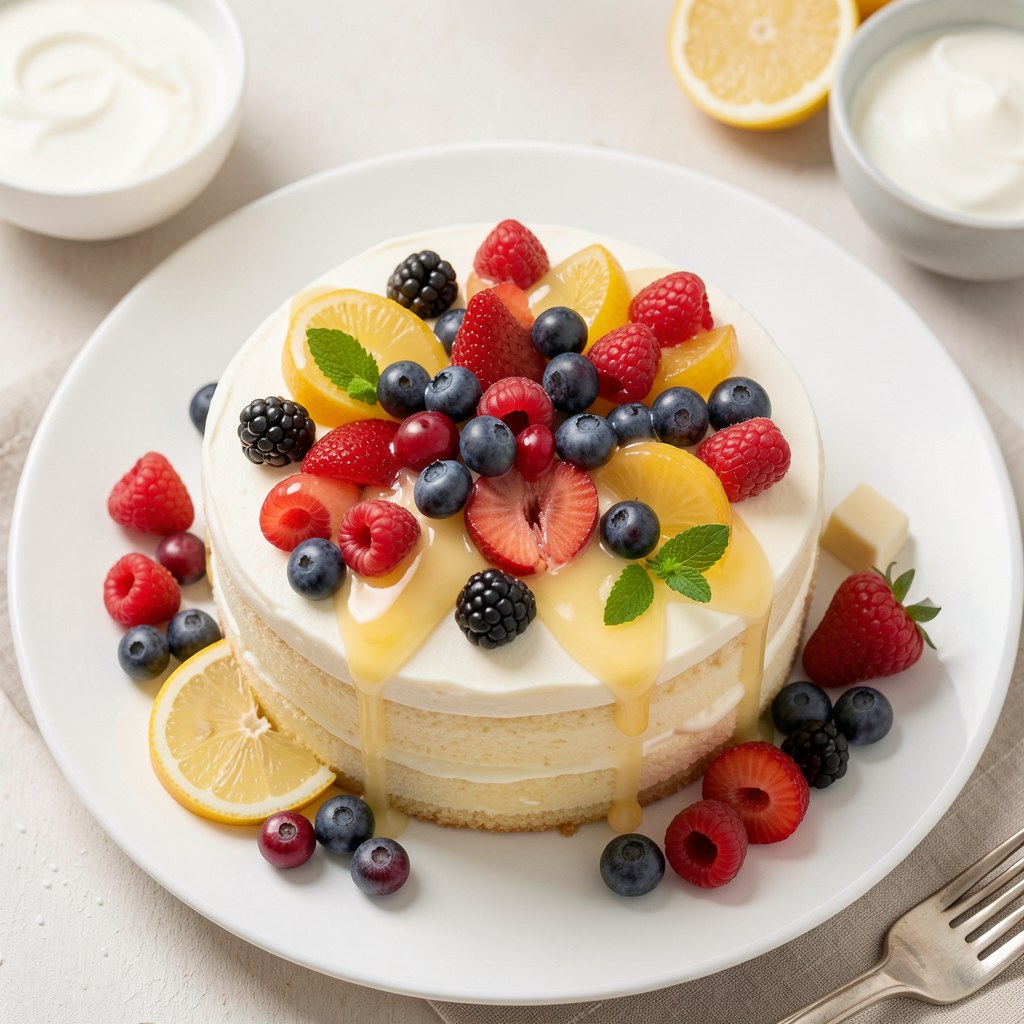 Biszkopt z kremem lekko cytrynowym i owocami