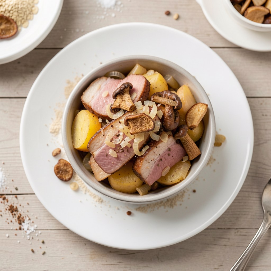 Szynka duszona z cebulą i grzybami