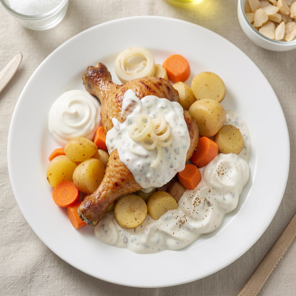 Duszonki z kurczakiem z sosem czosnkowym