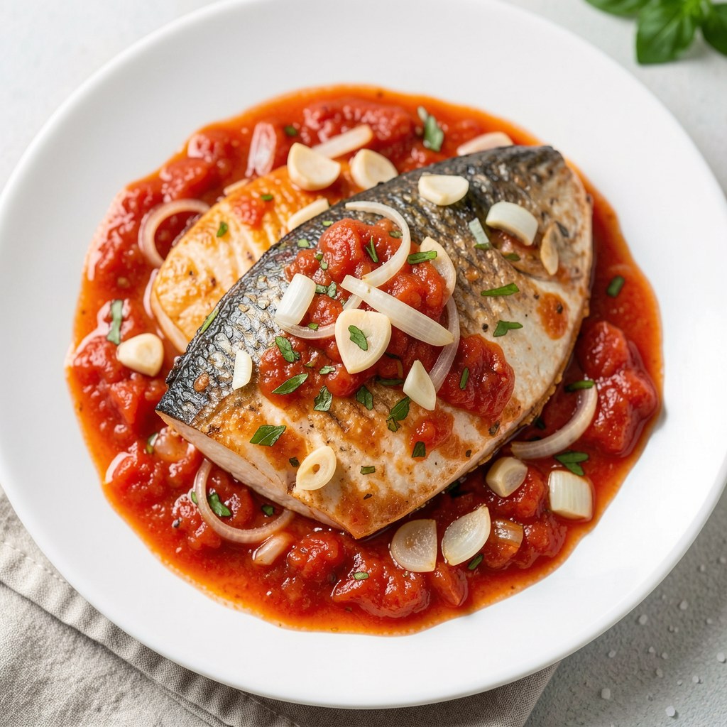 Dorsz zapiekany w sosie pomidorowym