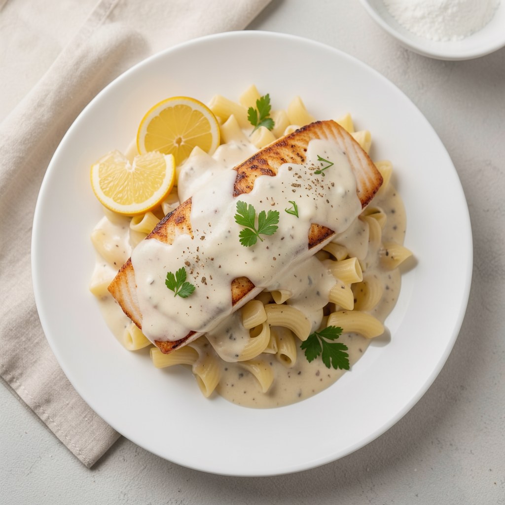 Steki z łososia w sosie koperkowym z makaronem