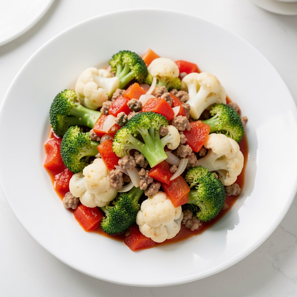 Różyczki kalafiora i brokuła z sosem ze świeżych pomidorów
