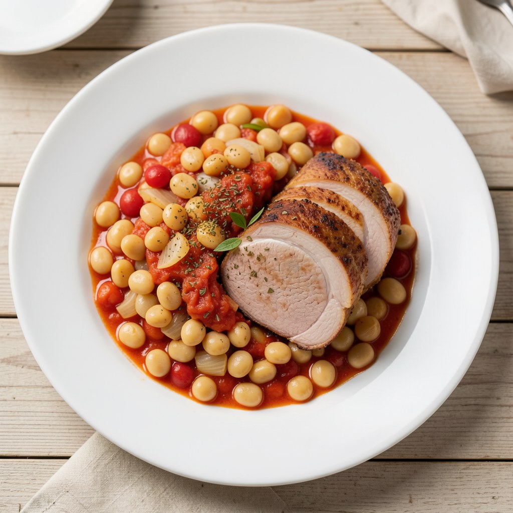 Fasola z wieprzowina pieczoną w sosie