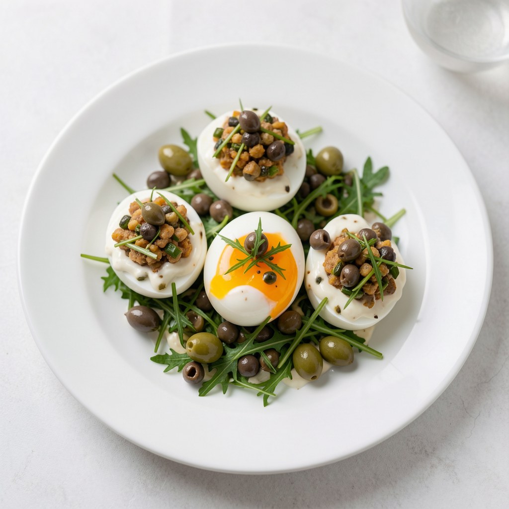 Jajka nadziewane kaparami, oliwkami, anchois i rzodkiewkami