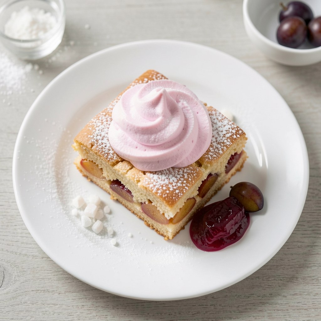 Kruche ciasto ze śliwkami z różową pianką