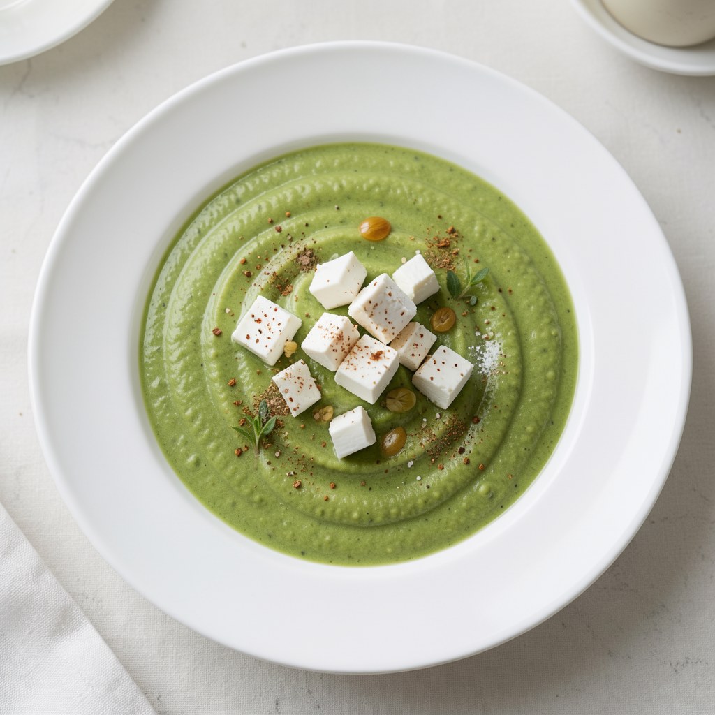 Zielony krem z bobu z dodatkiem fety